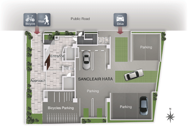 Buildings and facilities. For pedestrians ・ Separation of the bicycle and the entry gate for a motor vehicle. Firmly divided the flow line, It has been consideration to safety. Also, Equipped with parking of one car to all households. Flat 置駐 car park and indoor parking are also ensured (site layout)