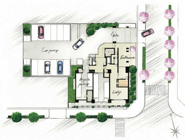 Features of the building.  [Land Plan] Realize the house that was stuck to the privacy and openness. In the adjacent space of the road, Place the planting trappings beautiful town (site layout)