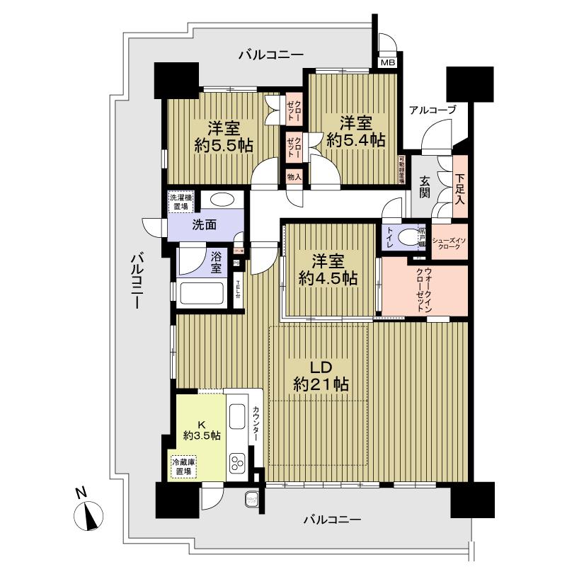 Floor plan. 3LDK, Price 24,900,000 yen, Occupied area 91.02 sq m , Balcony area 45.93 sq m