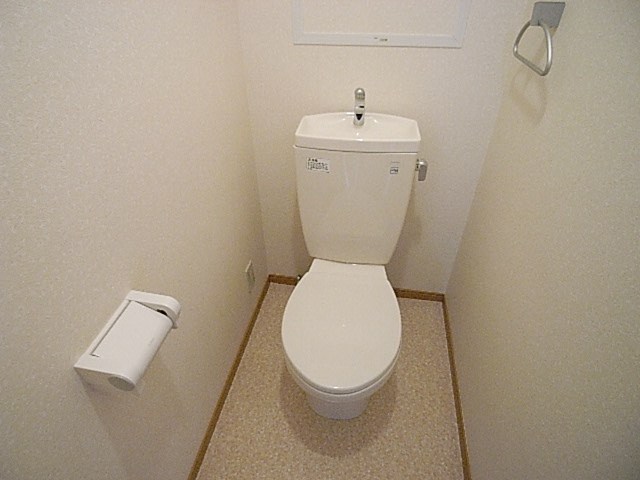 Toilet. There is a shelf above