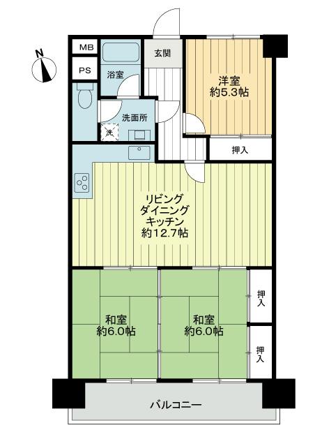 Floor plan. 3LDK, Price 9.8 million yen, Occupied area 65.52 sq m , Balcony area 8.64 sq m floor plan