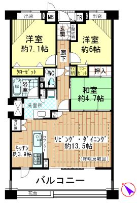Floor plan. 3LDK, Price 35,800,000 yen, Occupied area 81.49 sq m , Balcony area 14.8 sq m