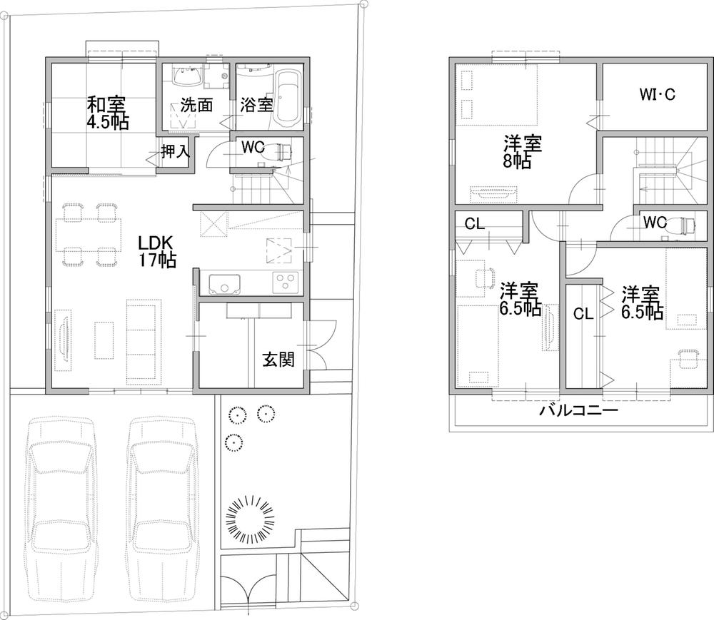 Building plan example (floor plan). Building plan example 4LDK, Land price 30,360,000 yen, Land area 129.89 sq m , Building price 19,440,000 yen, Building area 104.34 sq m