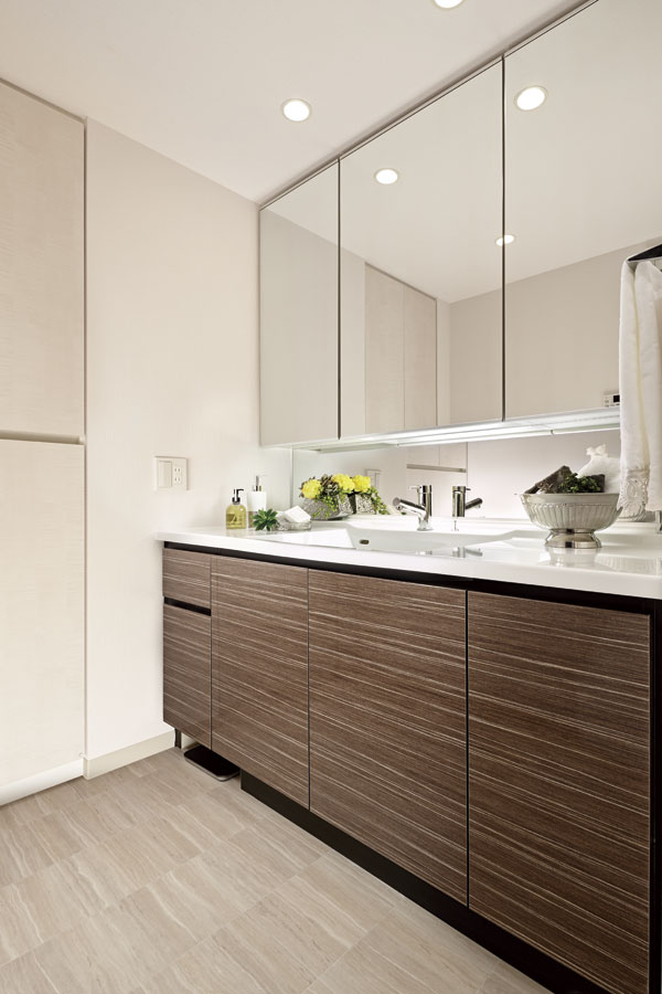 Bathing-wash room.  [Powder Room] Storage space for the health meter is provided in the linen cabinet and the lower, It is also particular about the functionality of clean full of a feeling of a powder room (D type model room)