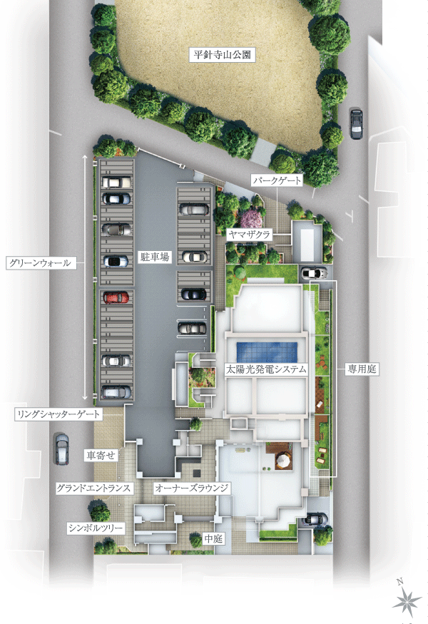 Surrounding environment. 3 direction is taking advantage of the highly independent site facing the road, House that are both height and an open feeling of the privacy of have been realized. Also it has been conscious car life, such as to provide even more than 100% of the parking ratio of dwelling units on site (site layout)