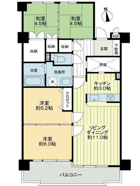 Floor plan. 4LDK, Price 12.8 million yen, Occupied area 74.87 sq m , Balcony area 9.44 sq m floor plan