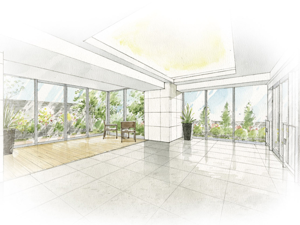 Features of the building.  [Entrance hall] Lounge to relax while admiring the courtyard is provided in a location that followed from the entrance hall (Rendering Illustration)