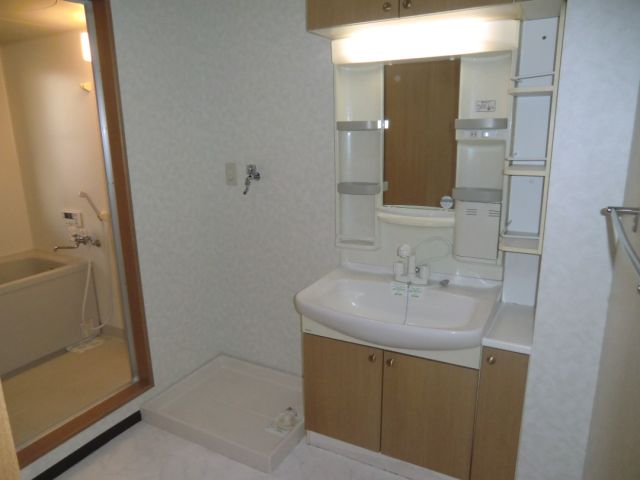 Washroom. Storage space is often Vanity &-room washing machine storage