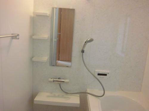 Bathroom. Crank-less faucet & large shower head