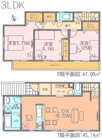 Floor plan. (Building 2), Price 30,300,000 yen, 3LDK, Land area 113.99 sq m , Building area 92.14 sq m