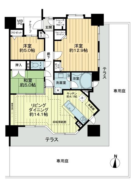 Floor plan. 3LDK, Price 36 million yen, It is the first floor of the room of the occupied area 90.03 sq m southeast angle room. Private garden and also only on the terrace and spacious 87 sq m more than.