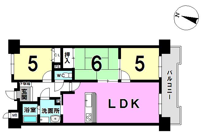 Floor plan. 3LDK, Price 9.98 million yen, Occupied area 63.44 sq m , Balcony area 9.05 sq m