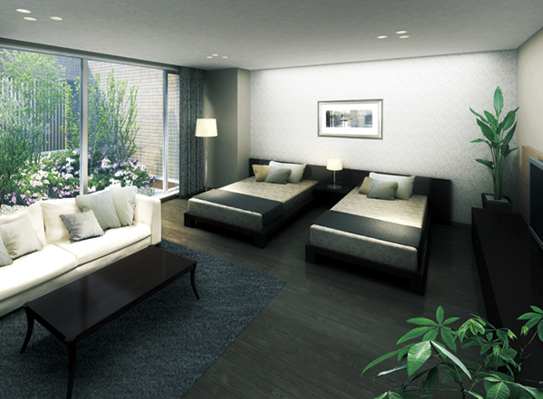 Buildings and facilities. Available in two types of guest rooms for visitors is "Western-style" and "Japanese-style". The Western-style type provided with a Jacuzzi, Guest is directed as slowly relaxing space / Guest Room 1 <modern> Rendering