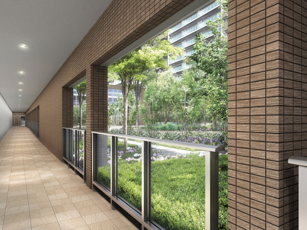 Buildings and facilities. From Grand Entrance to Oasis Plaza, Further provided with a passage that can approach to each residential building. In an open space without a window, While admiring the landscape of the Grand Garden, Has become a conscious flow line plan to be felt in the five senses the light and wind and smell / Corridor Rendering