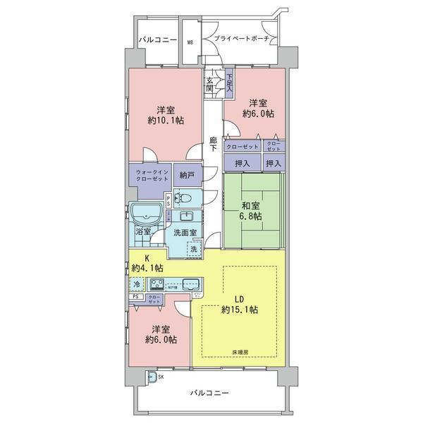 Floor plan. 4LDK, Price 30,800,000 yen, Footprint 103.31 sq m , Balcony area 19.44 sq m