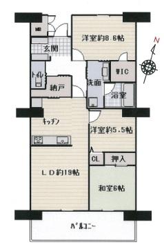 Floor plan. 3LDK, Price 19.2 million yen, Occupied area 90.99 sq m , Balcony area 14.4 sq m