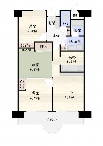 Floor plan. 3LDK, Price 12.8 million yen, Occupied area 71.35 sq m , Balcony area 12.27 sq m