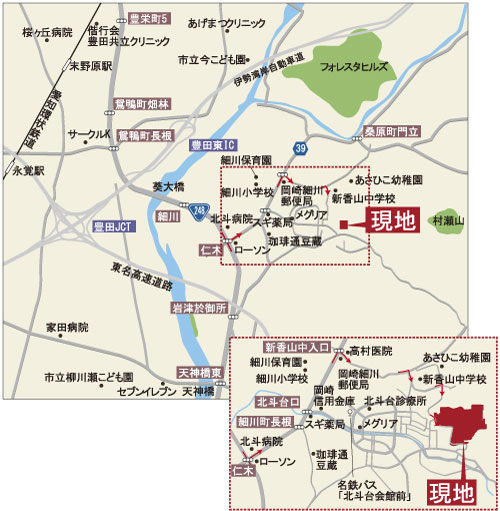 Local guide map. 248 Route (about 1.9km) nor smooth access to the nearby Okazaki city and Toyota city. Enhancement also shopping facilities along the 248 Line