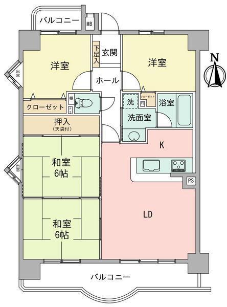 Floor plan. 4LDK, Price 8.8 million yen, Occupied area 77.63 sq m , Balcony area 13.14 sq m