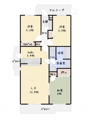 Floor plan. 3LDK, Price 12.4 million yen, Occupied area 71.94 sq m , Balcony area 11.09 sq m
