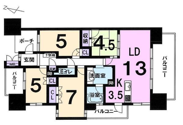 Floor plan. 4LDK, Price 23 million yen, Occupied area 82.15 sq m , Balcony area 22.22 sq m