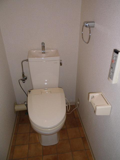 Toilet. There is a shelf on the top