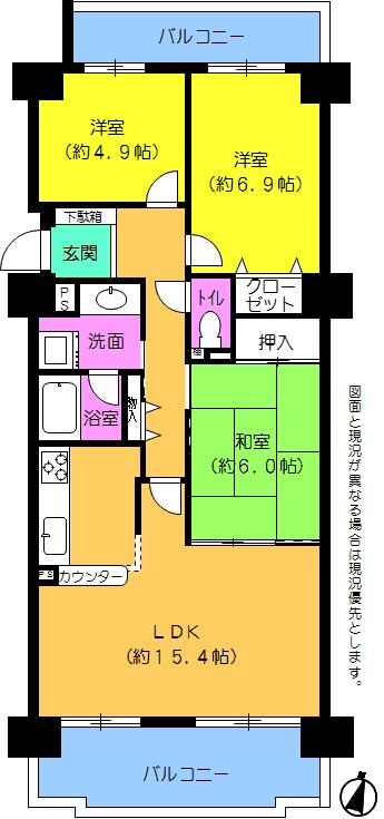 Floor plan. 3LDK, Price 10.9 million yen, Occupied area 73.73 sq m , Balcony area 15.93 sq m