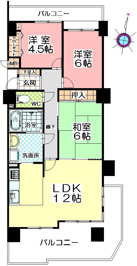 Floor plan. 3LDK, Price 7.4 million yen, Occupied area 68.46 sq m , Balcony area 21.7 sq m