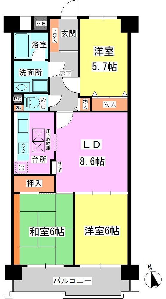 Floor plan. 3LDK, Price 7.8 million yen, Occupied area 65.01 sq m , Balcony area 9.72 sq m