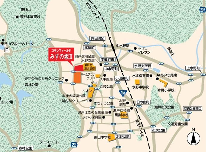 Local guide map. Slope of the common field water, Moisture a location adjacent to the forest park. It is "grow the beauty of the town", "grow green environment", "grow the family and life" Sekisui House is to deliver "grow the city.". 
