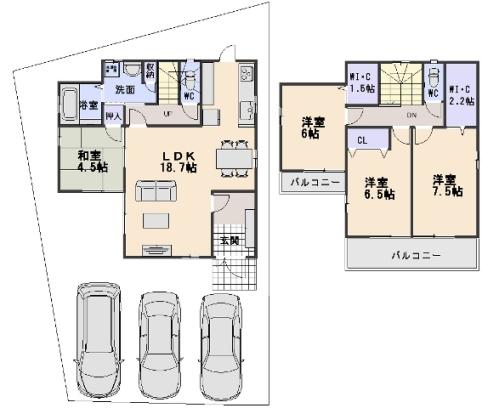 Building plan example (floor plan). Building plan example (west section) 4LDK + S, Land price 6.36 million yen, Land area 147.51 sq m , Building price 19,440,000 yen, Building area 107.65 sq m