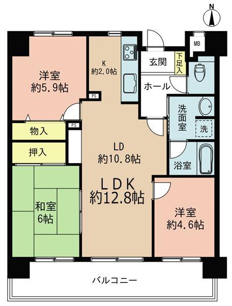 Floor plan. 3LDK, Price 7.8 million yen, Occupied area 67.16 sq m , Balcony area 12 sq m