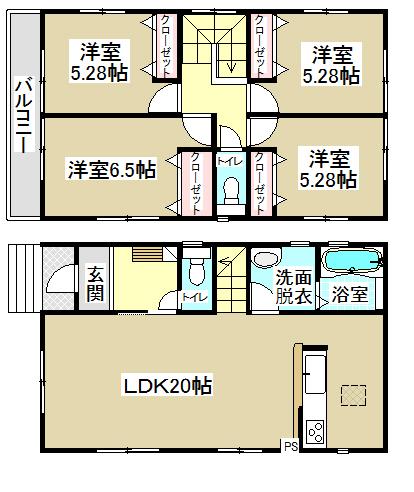Floor plan. (Building 2), Price 22,300,000 yen, 4LDK, Land area 121.63 sq m , Building area 97.72 sq m