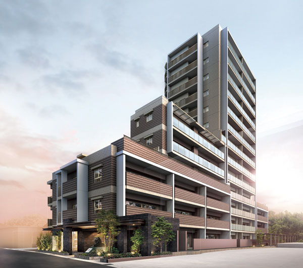 Features of the building.  [appearance] High-rise form of the ground 13 floors to be a landmark of the area. Rich light and wind in the everyday life, And in order to take in the view, Corner dwelling unit center, Zenteiminami direction, Wide span design has been adopted (Rendering)