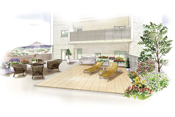 Other.  [roof balcony] Providing a spacious roof balcony of the dwelling unit is wrapped in the comfort of light and wind. Open feeling of the open-air, you can enjoy on a daily basis (H1 type / Rendering)