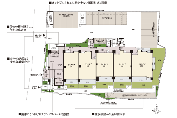Features of the building.  [Land Plan] Around the site, Planting the people variety of trees and flowers. Seasonal landscape, Along with the trappings of the life of the scene beautifully, Adopted planted 栽計 pictures bring moisture to the city of landscape. Also convenient driveway Ya to the loading and unloading of luggage, Has been adopted is walking vehicle separation type design that increases the safety (site layout)