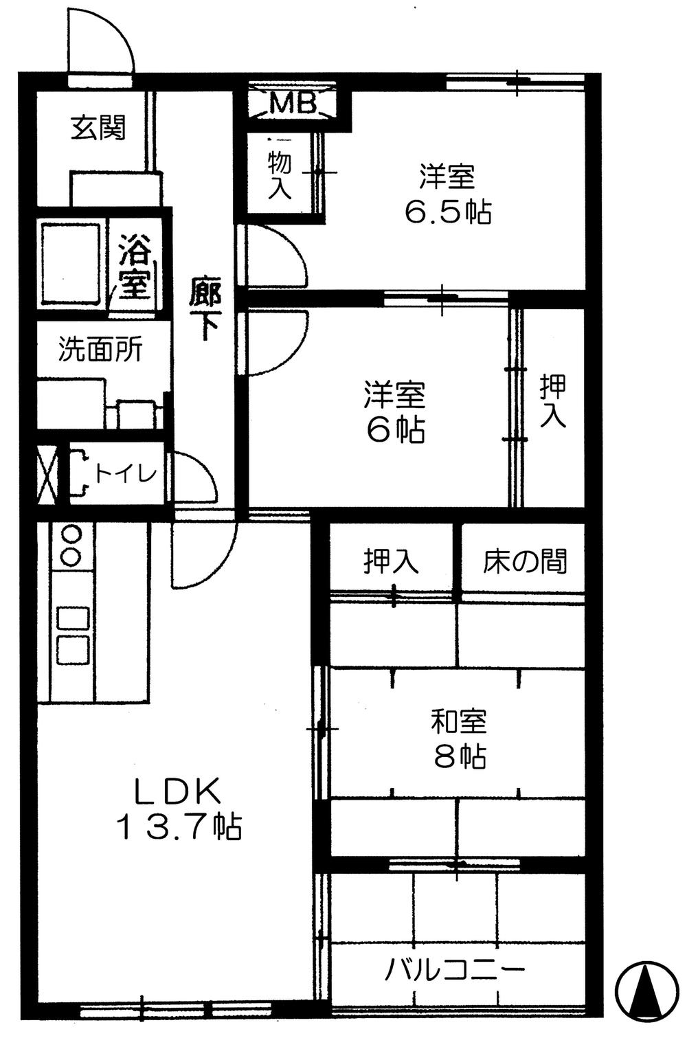 Floor plan. 3LDK, Price 9.8 million yen, Occupied area 77.59 sq m , Balcony area 6.26 sq m