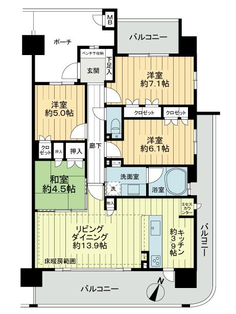 Floor plan. 4LDK, Price 22.6 million yen, Occupied area 88.45 sq m , Balcony area 30.79 sq m
