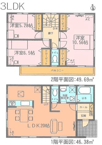 Floor plan. (3 Building), Price 23,900,000 yen, 3LDK, Land area 146.38 sq m , Building area 96.07 sq m