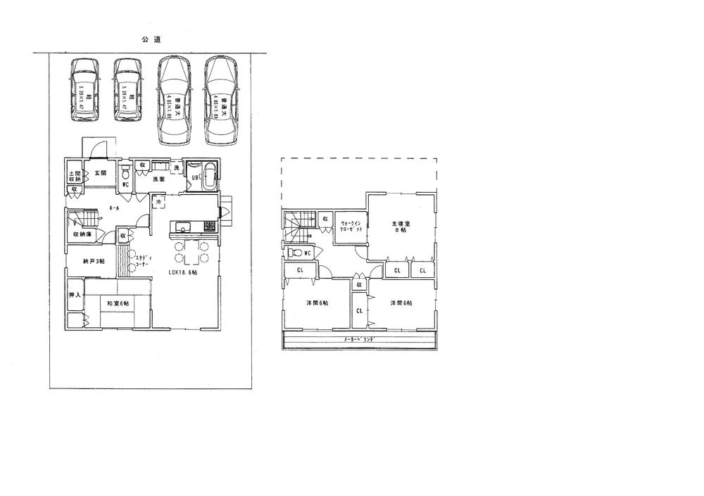 Compartment view + building plan example. Building plan example 4LDK + 3S, Land price 1.3 million yen, Land area 194.79 sq m , Building price 26,640,000 yen, Building area 131.66 sq m