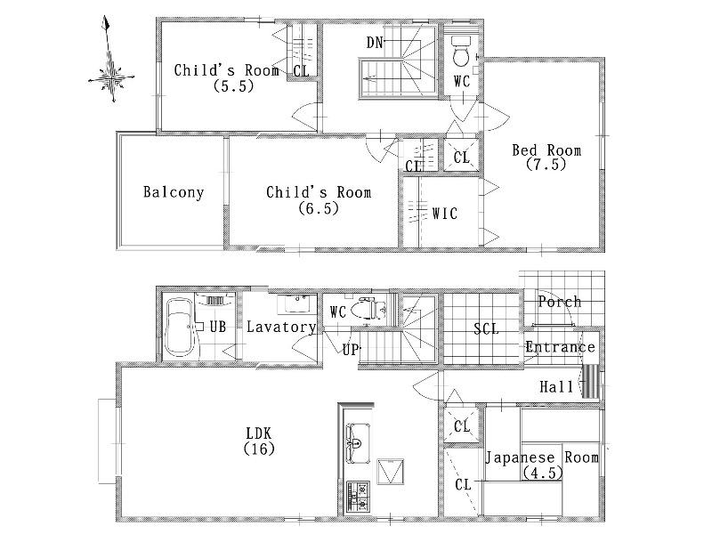 Building plan example (floor plan). Building plan example (No. 3 locations) 4LDK, Land price 15.4 million yen, Land area 132.24 sq m , Building price 18.3 million yen, Building area 104.34 sq m