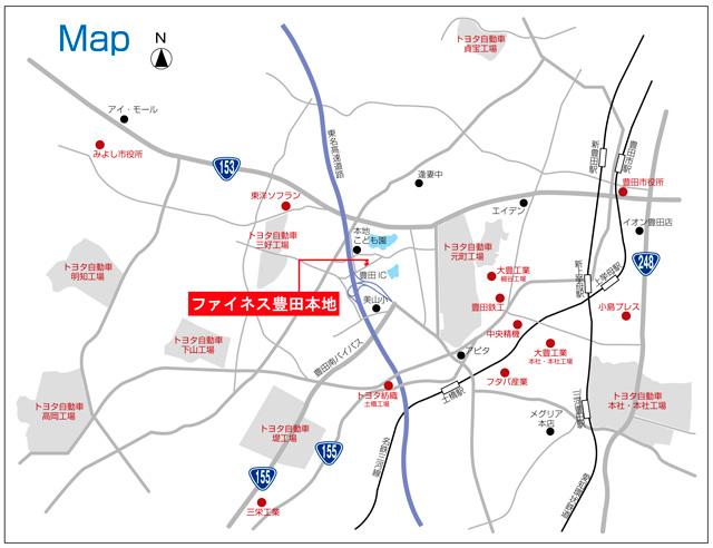 Local guide map. Convenient location to commute. Toyota Motor Corporation Motomachi plant (1050m) ・ Tsutsumi plant (3600m) ・ Miyoshi plant (1300m)