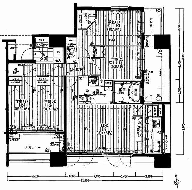 Floor plan. 4LDK, Price 35 million yen, Occupied area 93.75 sq m , Balcony area 21.5 sq m