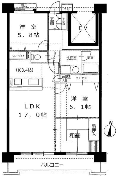 Floor plan. 3LDK, Price 12.8 million yen, Occupied area 73.44 sq m , Balcony area 10.43 sq m