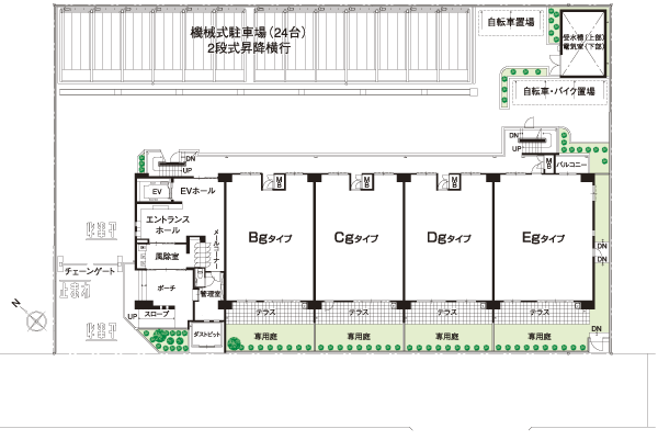 Features of the building.  [Land Plan] Site layout ・ 1-floor plan view