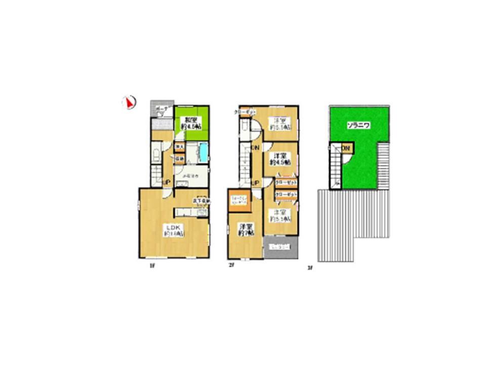 Floor plan. 34,780,000 yen, 4LDK, Land area 143.22 sq m , Housed in a building area of ​​115.11 sq m living spacious 18 pledge walk-in closet is also a breeze. There is also a pleasure to spend the afternoon on the roof. 