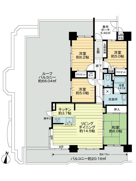 Floor plan. 4LDK, Price 24,800,000 yen, Occupied area 90.12 sq m , Balcony area 20.16 sq m southwest angle room, 4LDK, About spacious roof balcony of 66.04m2 [about 19.97 square meters], Contemplated the floor plan, Family please refer to the good living dining kitchen comfortable to use, which becomes an integral.
