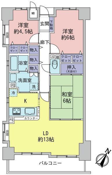 Floor plan. 3LDK, Price 13 million yen, Occupied area 71.88 sq m , Balcony area 8.77 sq m