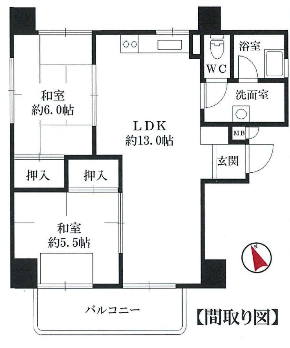 Floor plan. 2LDK, Price 3.8 million yen, Occupied area 54.78 sq m , Sunny per balcony area 6.5 sq m square room!