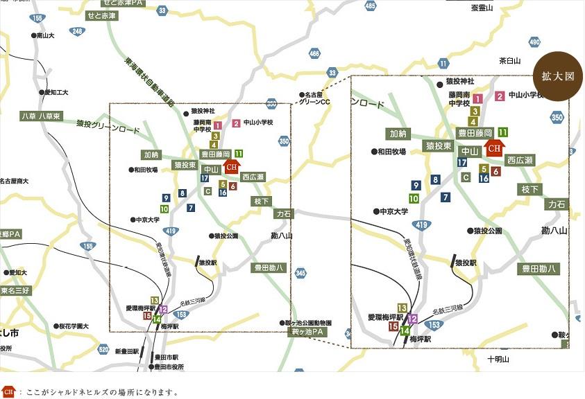 Local guide map. Full of nature in the surrounding area Nishinakayama, Also well-equipped learning environment. Precisely because the car society, It aligns household goods also abundantly. 